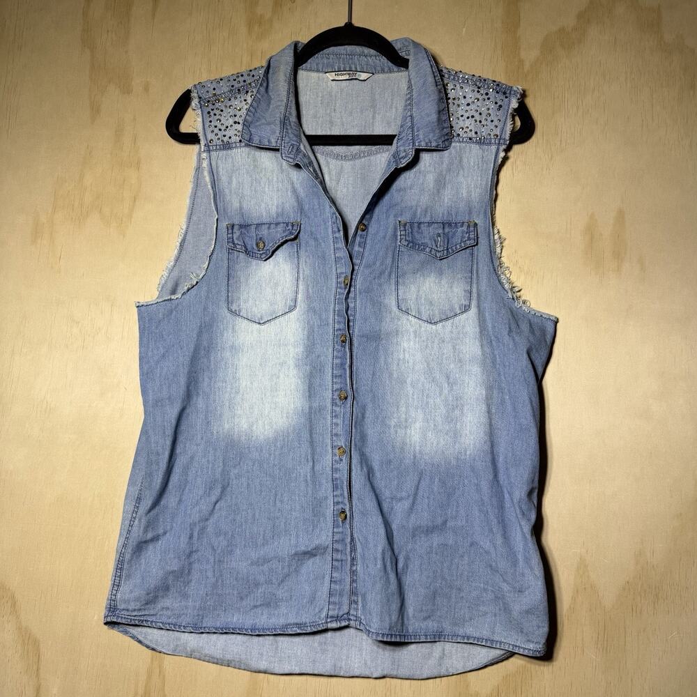 Highway Jeans Studded Denim Sleeveless Button Up Top‎ Womens Size L Western